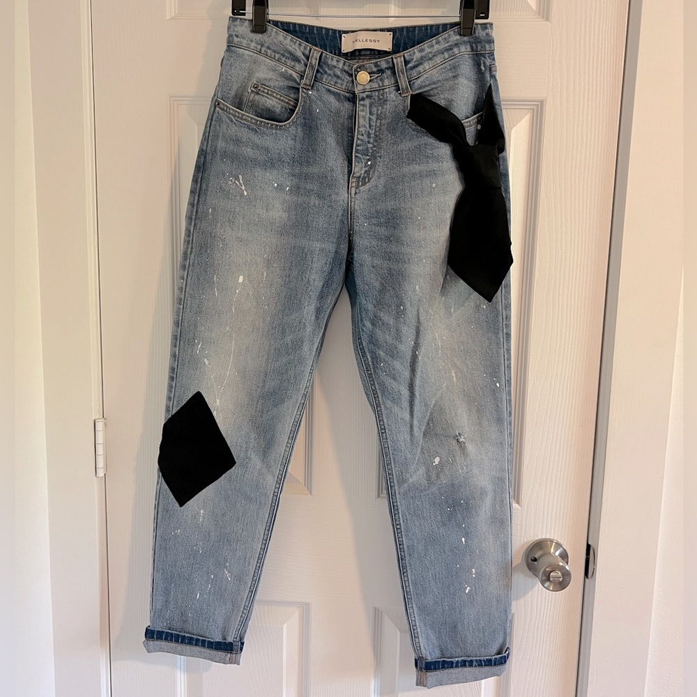 Hellessy, Jefferson Straight Paint Splatter Boyfriend Jeans in Size 4 Color Blue